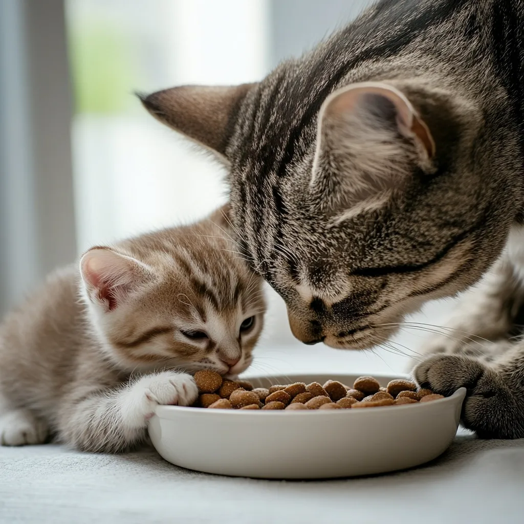 An adult tabby cat and its adorable kitten share a bowl of cat food.  The mother cat gently leans over her kitten, both intently focused on their meal. The kittens small paws reach into the bowl as they eat together.  The scene is heartwarming and captures a tender moment between a parent and child.