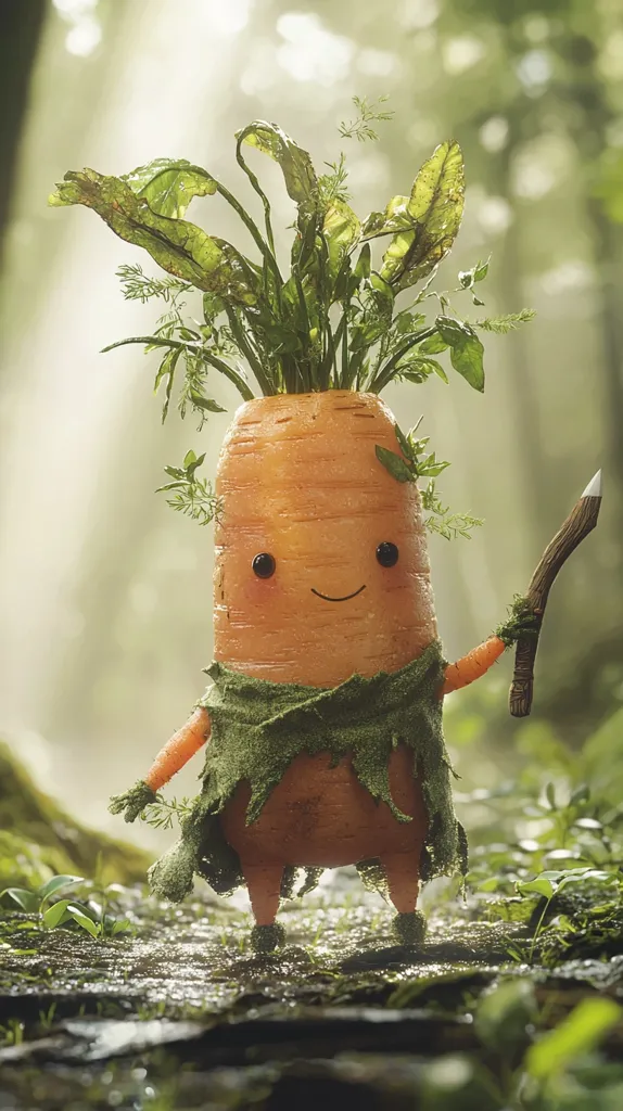 A cheerful, anthropomorphic carrot character stands in a forest setting.  Wearing a mossy cloak and wielding a small twig spear, the carrot has a smiling face and leafy green top.  The scene is lush and damp, with dappled sunlight filtering through the trees. The overall style is whimsical and cute, suggesting a fantasy or children's story aesthetic.