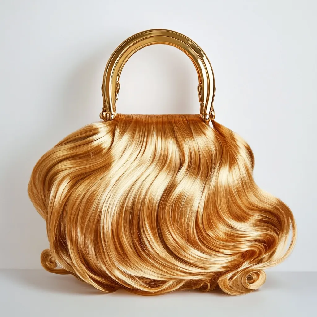 A unique handbag is showcased, featuring a golden-blonde, voluminous hairstyle as its body.  The hair is styled in soft, flowing waves, creating a luxurious and eye-catching effect. A sleek, gold-toned metal handle frames the top, providing a striking contrast to the soft texture of the hair.  The overall design is both whimsical and glamorous.