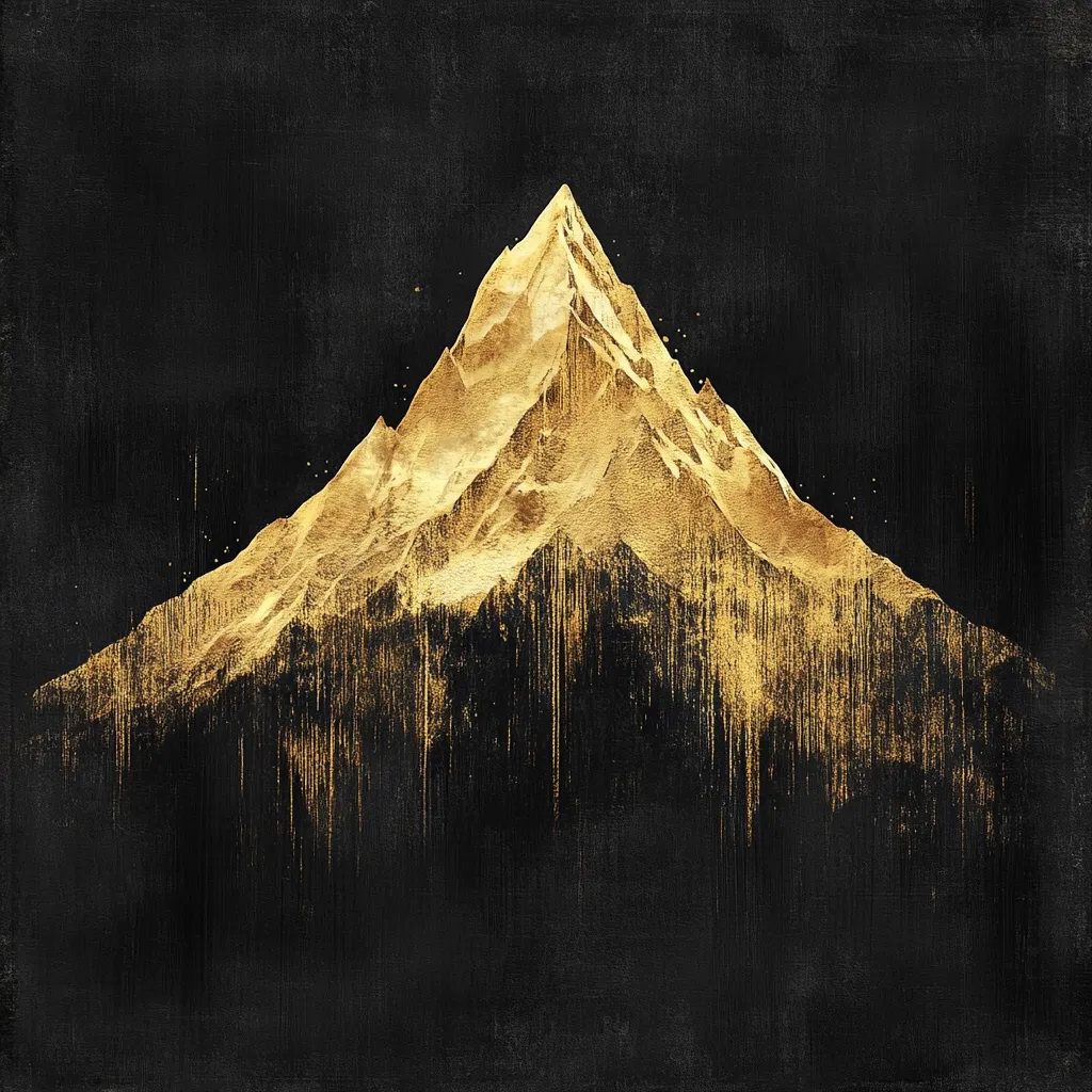 A stylized gold mountain rises against a dark, textured background.  The gold is applied with a brushstroke effect, creating a sense of texture and depth.  Vertical streaks of gold drip down from the mountain, adding to the artistic rendering. The overall impression is one of luxury and dramatic contrast.