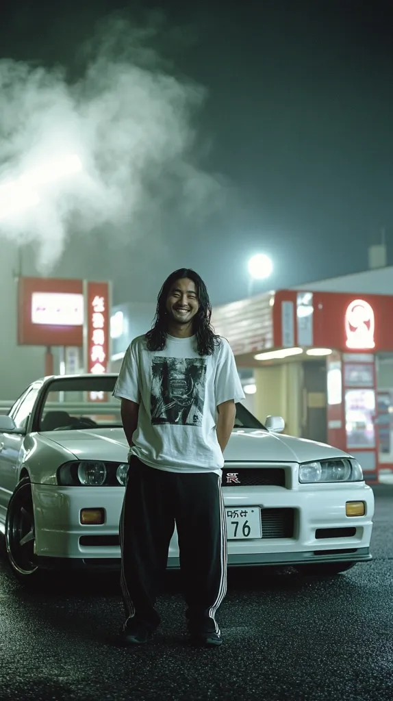 A smiling young man with long dark hair stands proudly in front of a white Nissan Skyline GT-R R34.  He's wearing a white t-shirt featuring a graphic print and black track pants. The car is parked at night in what appears to be a convenience store parking lot, with a hazy atmosphere adding to the scene's ambiance. The license plate reads "76".
