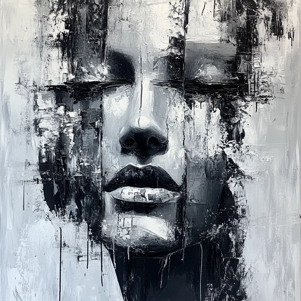 A striking monochromatic painting depicts a woman's face, rendered in a dynamic, abstract style.  The artist uses thick impasto strokes of black, white, and gray, creating a textured and fragmented effect.  Her eyes are closed, conveying a sense of serenity or introspection.  The overall composition is powerful and evocative, blending realism with abstract expressionism.