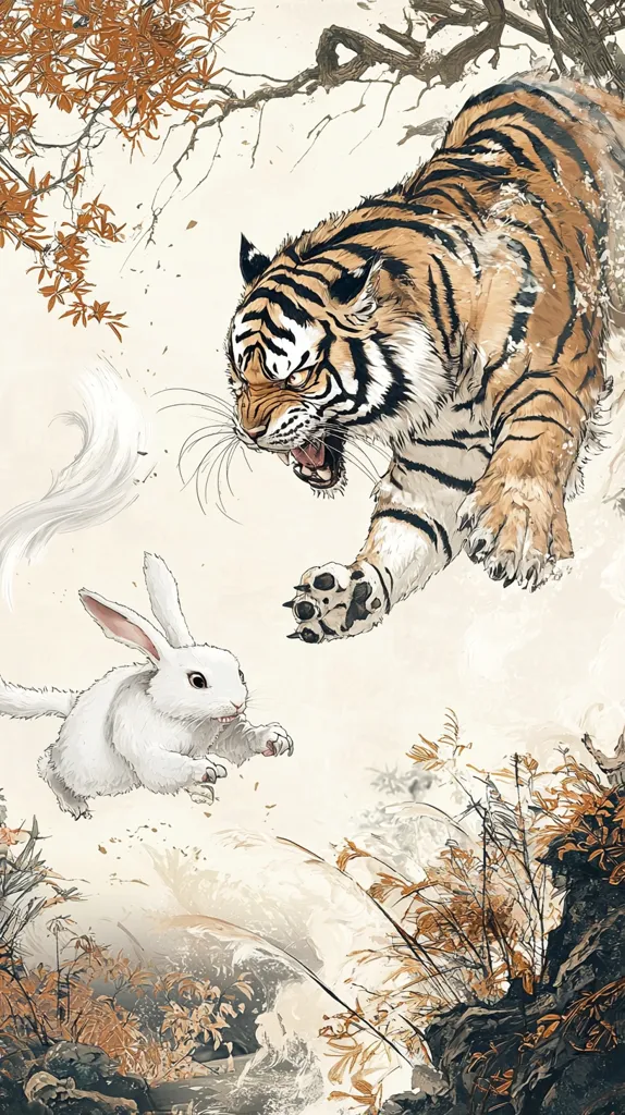 A fierce tiger, rendered in a style reminiscent of East Asian ink painting, leaps towards a small white rabbit.  The rabbit, with long, flowing ears and tail, appears startled yet poised.  The background features stylized branches, foliage in autumnal tones, and a suggestion of a rocky stream, creating a dramatic and atmospheric scene of predator and prey. The artwork's style blends realism with a painterly, almost ethereal quality.