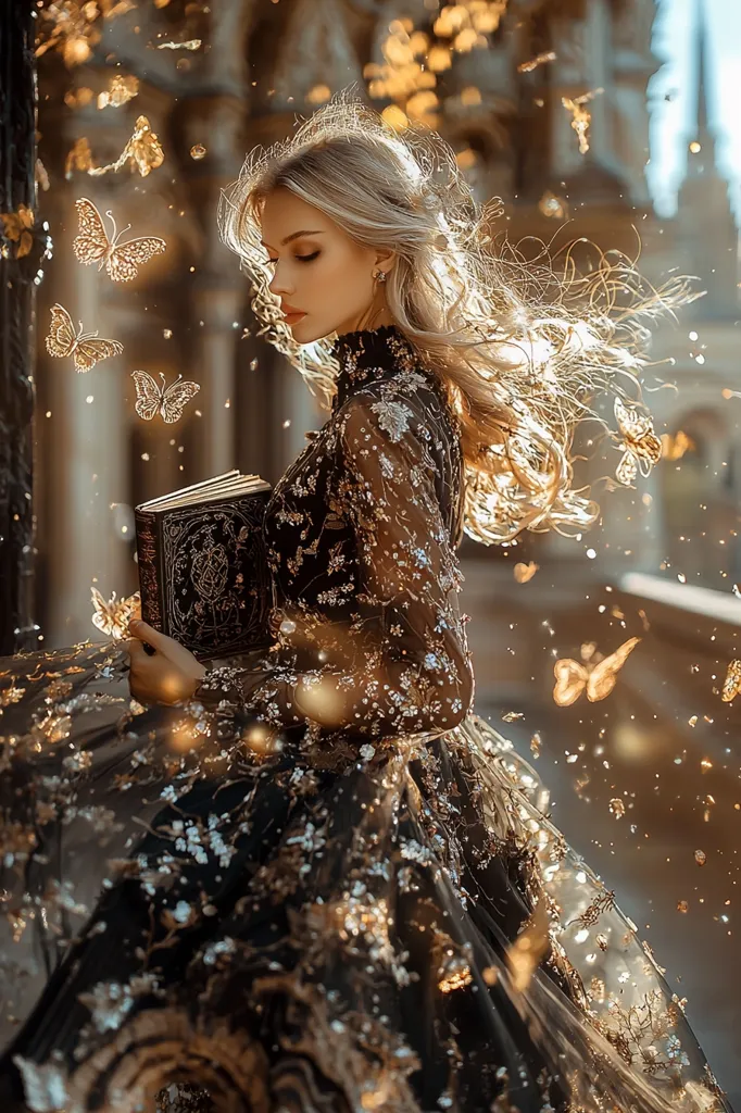 A blonde woman in a dark, embellished gown holds an antique book.  Golden butterflies flutter around her as sunlight illuminates her flowing hair and dress.  The scene evokes a mystical, fairytale atmosphere, with the woman appearing ethereal and serene amidst a shower of glittering particles.  The backdrop suggests an old, ornate building.