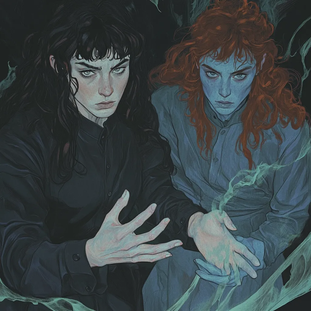 A digital painting depicts two young women, one with long black hair and dark clothing, the other with vibrant red hair and a blue-grey garment.  Their hands are clasped together, a ghostly, ethereal green mist swirling around them.  The women's expressions are serious, their gazes intense.  The overall mood is mysterious and slightly melancholic, suggesting a mystical or supernatural element.  The style is painterly, with soft shading and subtle details.