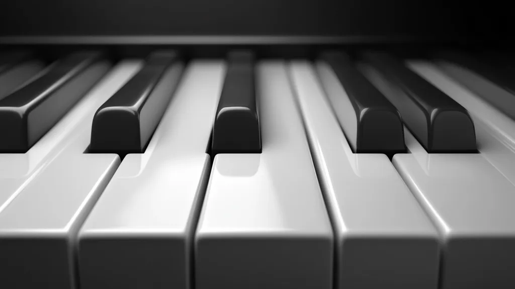 A close-up, monochrome shot reveals the glossy, smooth surface of piano keys.  The black and white keys are sharply defined, their reflective surfaces catching the light.  The perspective is slightly low, emphasizing the keys' texture and the depth of field.  The image evokes a sense of musicality and precision.