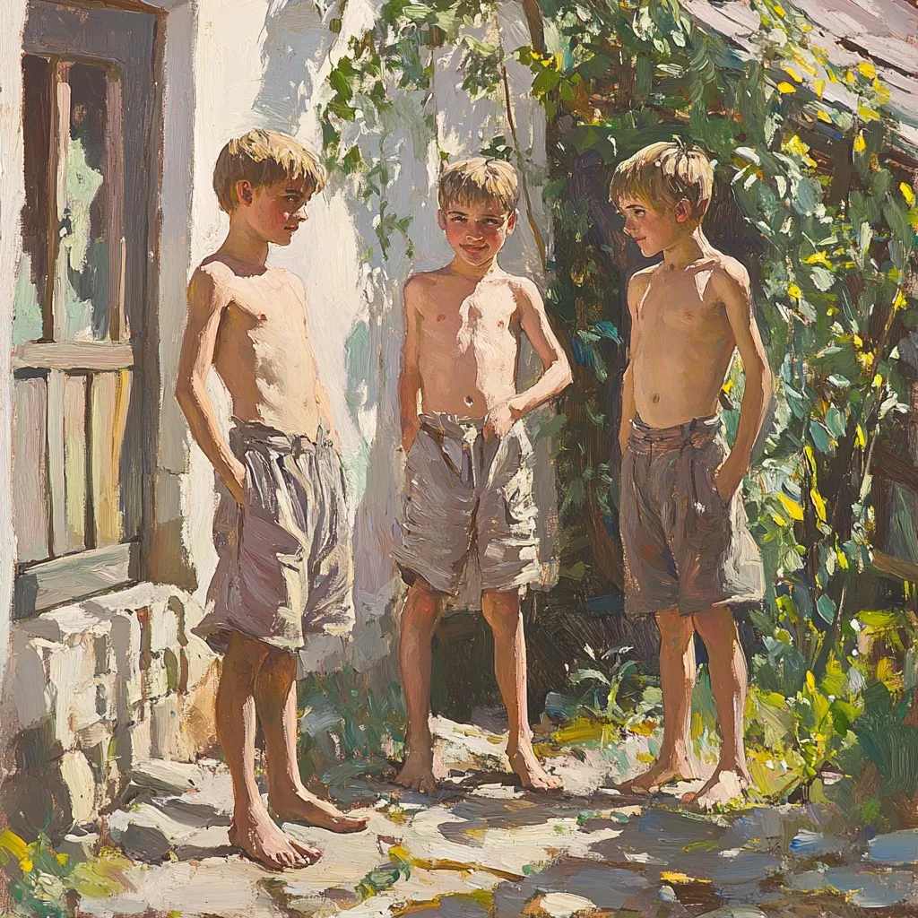 Three shirtless boys stand outdoors in loose-fitting shorts near a whitewashed building.  Sunlight illuminates them, casting shadows on the ground.  The boys are barefoot, their postures relaxed, and they appear to be engaged in quiet conversation. Lush green foliage forms a backdrop, adding to the idyllic summer scene.  The painting style is impressionistic, with visible brushstrokes.