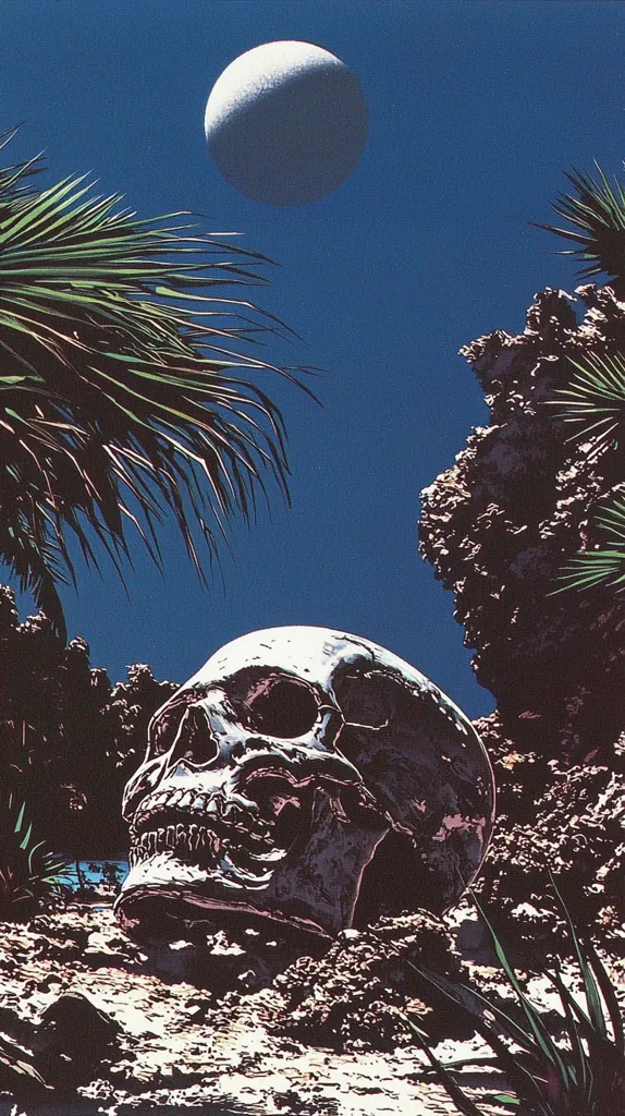 A large human skull rests on the ground amidst rocky terrain and sparse vegetation.  A large, pale moon hangs in a vibrant blue sky above. Palm-like plants frame the scene, creating a surreal and somewhat unsettling juxtaposition of elements. The style is reminiscent of a graphic novel or print, with bold lines and contrasting colors.