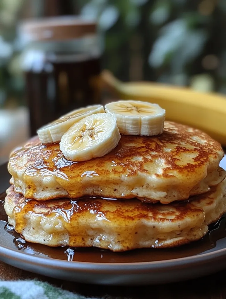 A delectable stack of two golden-brown pancakes is generously drizzled with maple syrup.  Slices of fresh banana are artfully arranged on top, adding a touch of sweetness and visual appeal. The pancakes sit on a dark gray plate, with a blurred background hinting at a rustic, outdoorsy setting.  The overall image evokes a warm and comforting breakfast scene.
