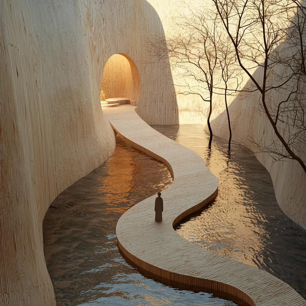 A lone figure walks a winding wooden path that curves through a serene water-filled canyon.  The canyon walls are crafted from light-colored wood, creating a calming and minimalist aesthetic.  A circular opening in the wall reveals a sunlit space beyond, suggesting a journey or transition. Bare trees frame the scene, enhancing the peaceful and contemplative atmosphere. The overall image evokes a sense of tranquility and spiritual reflection.