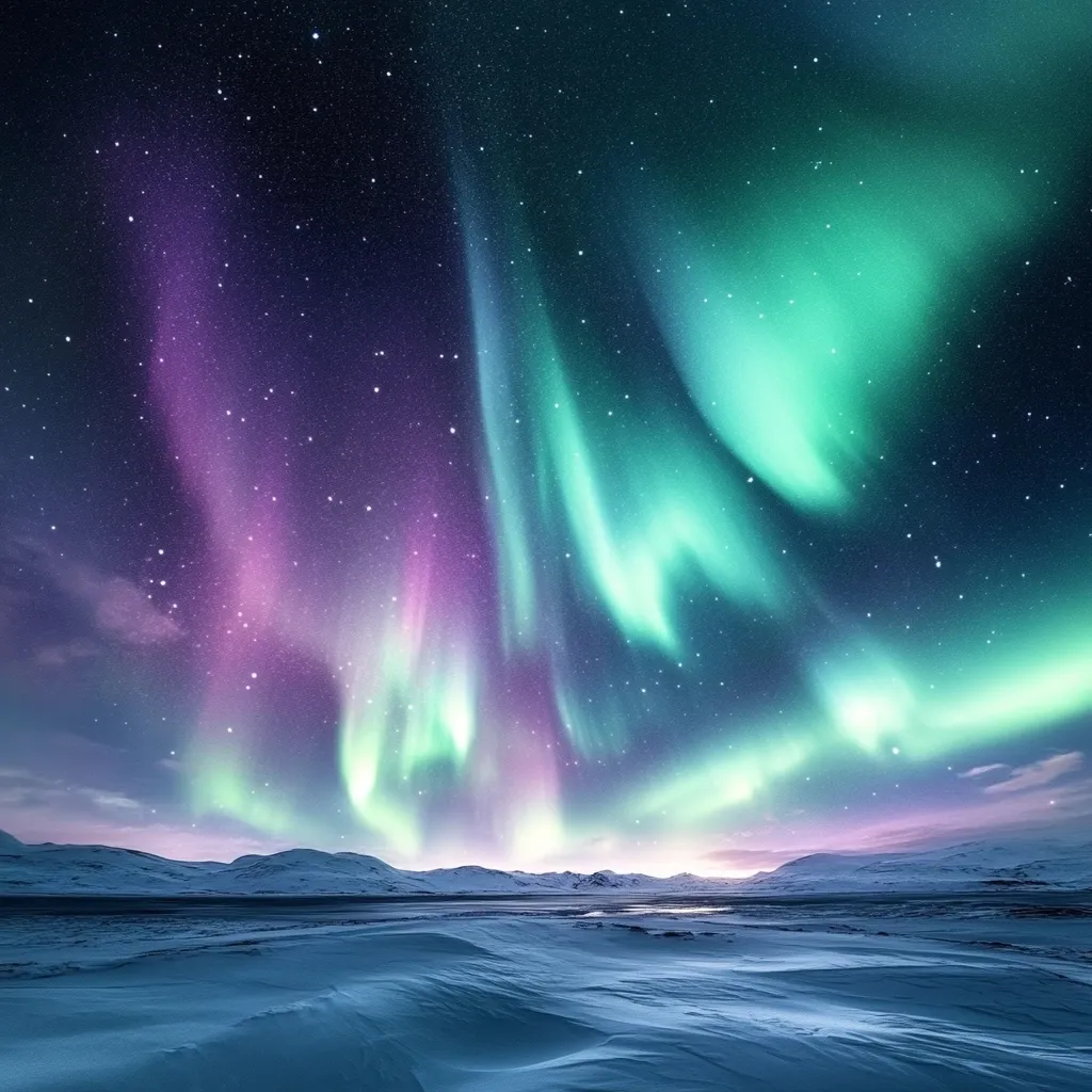 A breathtaking panorama of the Aurora Borealis illuminates a snowy, arctic landscape.  Vibrant green and purple curtains of light dance across the star-studded night sky, casting an ethereal glow over the snow-covered hills and frozen lake. The scene is serene and majestic, capturing the beauty and wonder of the northern lights.