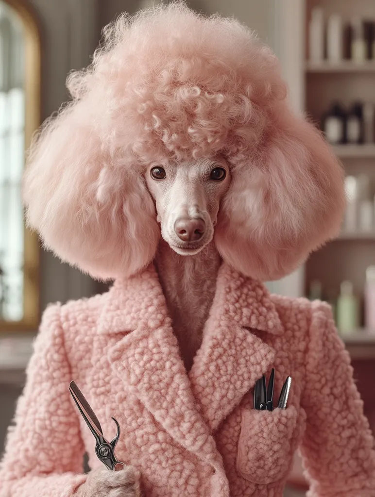 A standard poodle, sporting a voluminous, light pink bouffant haircut, is elegantly dressed in a matching pink coat.  The dog holds grooming shears, and additional styling tools are neatly tucked into its coat pocket. The setting appears to be a stylish salon or grooming establishment, enhancing the overall sophisticated and whimsical image.