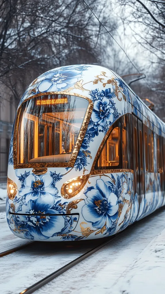 A modern tram, adorned with a stunning blue and white floral design reminiscent of porcelain, glides along snowy tracks.  Gold accents highlight the intricate patterns.  The tram's interior is dimly lit, hinting at warmth within the winter scene.  Bare trees frame the background, completing the picturesque, almost fairytale-like image.