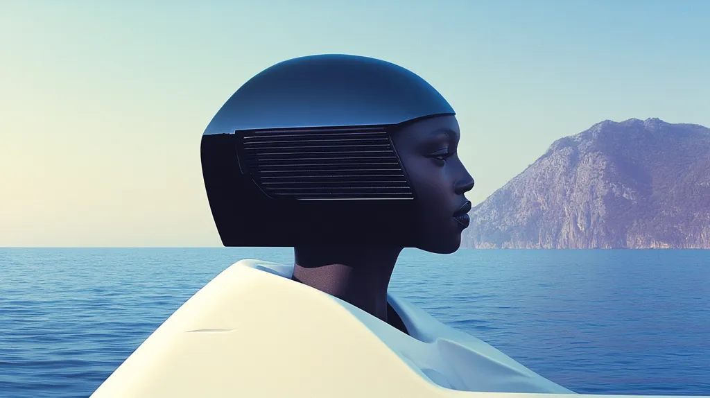 A stylized image depicts a woman's profile, her head adorned with a sleek, black helmet featuring a grid-like detail.  She's positioned within a smooth, white, futuristic vessel, overlooking a calm blue sea. A large, imposing mountain range is visible in the background, under a pale sky. The overall aesthetic is one of serene futuristic elegance.