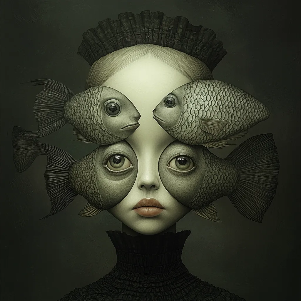 A surreal portrait depicts a pale-skinned girl with large, expressive eyes.  Two pairs of intricately detailed fish replace her eyes, their scales and fins rendered with masterful realism.  She wears a dark, ruffled collar and a crown-like headdress, enhancing the dreamlike atmosphere of the artwork. The overall palette is muted greens and greys, contributing to the piece's mysterious and melancholic mood.