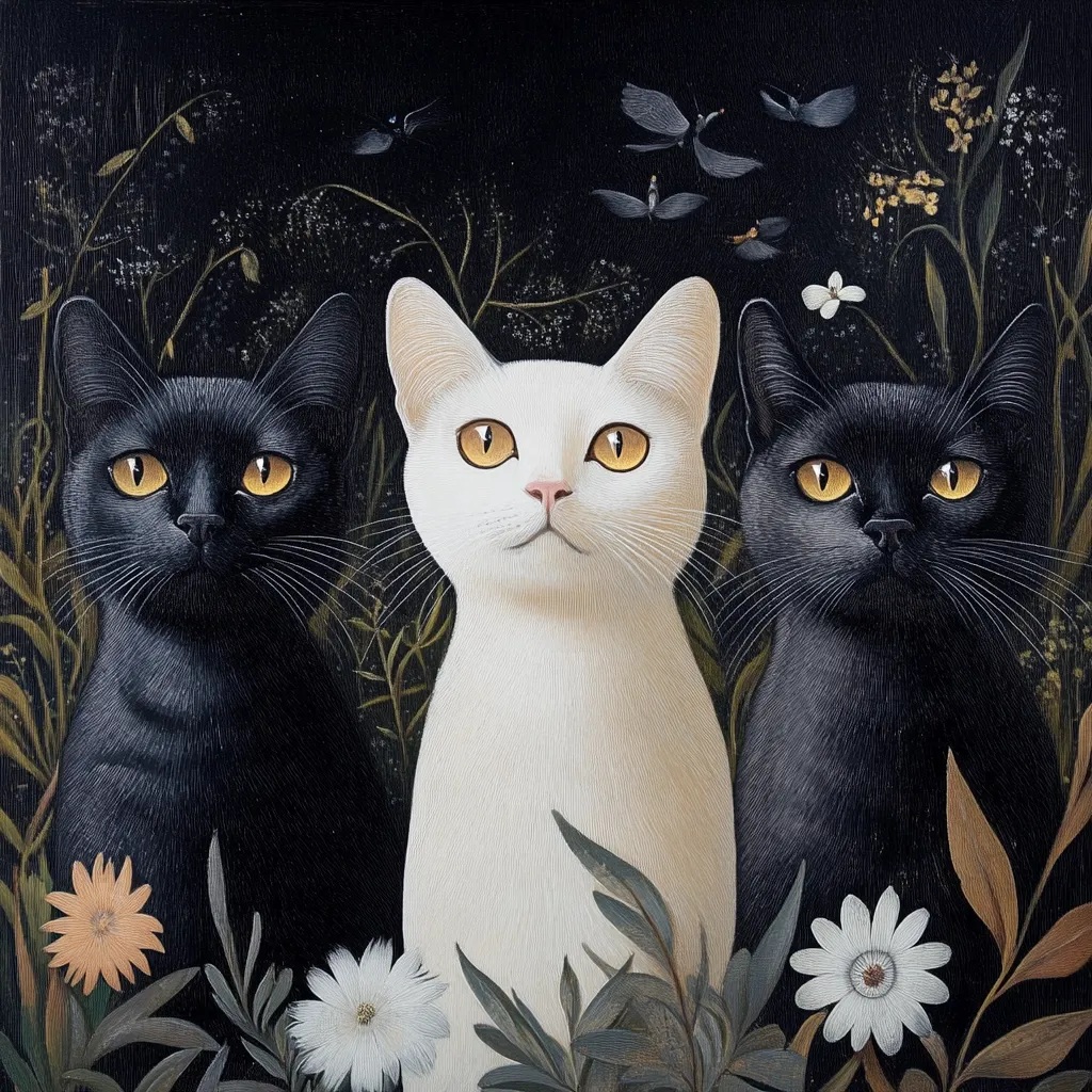A captivating painting showcases three cats amidst a dark, floral backdrop.  Flanking a central white cat are two black cats, their golden eyes gleaming. The artwork's style is detailed and realistic, with a focus on the cats' expressive faces and the surrounding foliage, including delicate flowers and flying insects. The dark background contrasts beautifully with the cats' fur and the brighter blossoms. The overall impression is one of serene elegance and mystery.