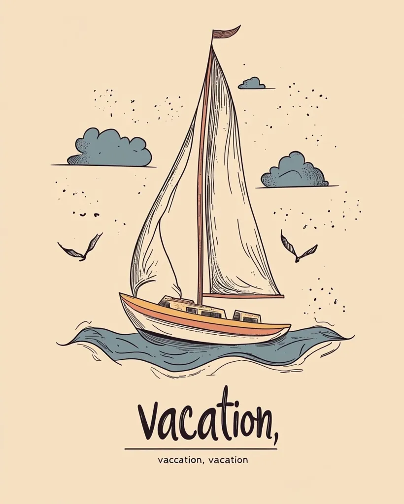 A hand-drawn illustration depicts a sailboat gracefully sailing on a calm sea under a pale sky dotted with fluffy clouds and a few birds.  The style is vintage, with muted colors and a slightly textured background. The word "Vacation" is prominently displayed below the sailboat, evoking a feeling of summer relaxation and travel.