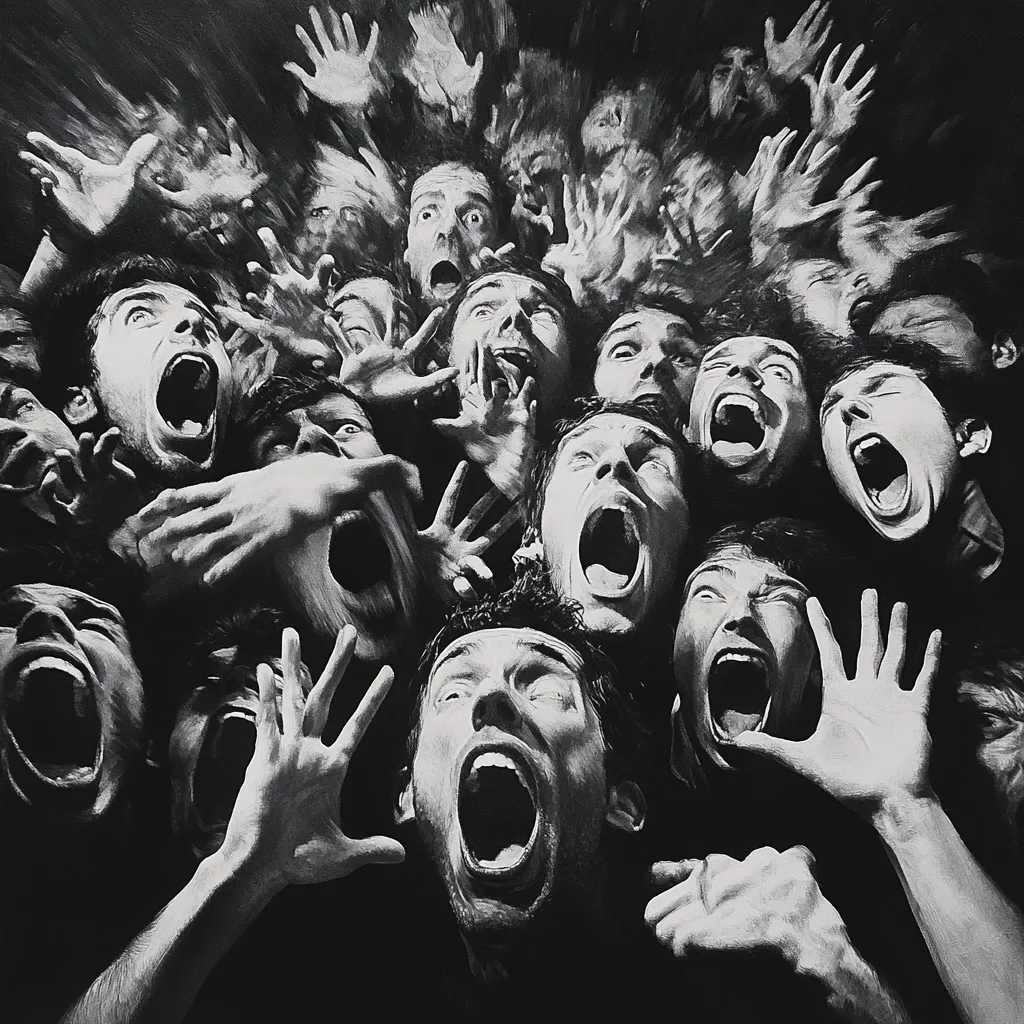 A monochromatic illustration depicts a chaotic mass of faces, each contorted in a silent scream.  Hands reach upwards, adding to the sense of pandemonium and distress. The overall impression is one of overwhelming fear and shared terror, a maelstrom of anguished expressions tightly clustered together. The stark black and white enhances the dramatic intensity.