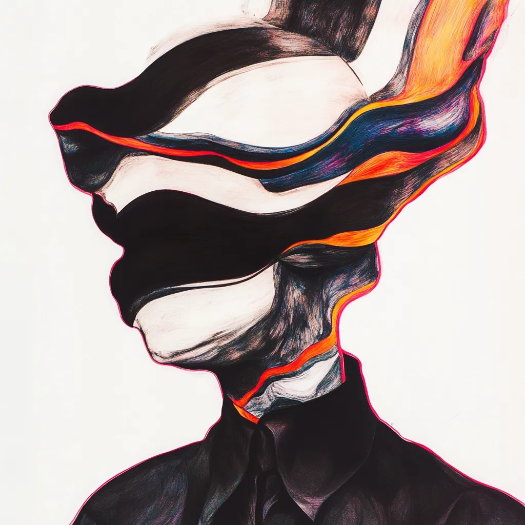 An abstract portrait, rendered in bold strokes of black, orange, and blue, depicts a figure with a face partially obscured by swirling, layered lines. The style is expressive and suggestive, reminiscent of a face merging with vibrant, flowing forms that evoke both energy and mystery.  The figure wears dark clothing, adding to the overall mood of enigmatic intensity. The artwork blends realistic elements with abstract expressionism, creating a visually striking and thought-provoking piece.
