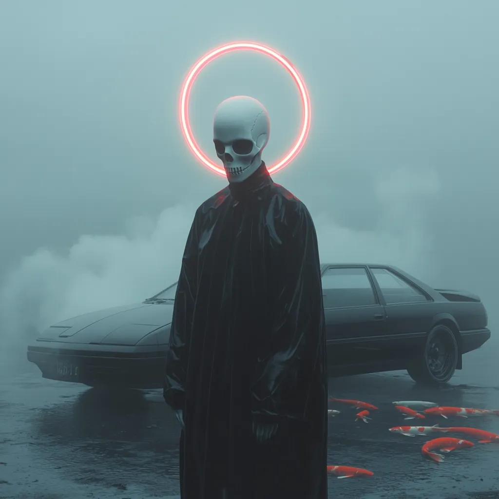 A figure wearing a skull mask and long black coat stands before a sleek, black sports car in a misty, dystopian landscape.  A glowing red halo encircles the figure's head.  Koi fish swim in the reflective water surrounding the car. The overall atmosphere is surreal and melancholic, blending elements of science fiction and the macabre.