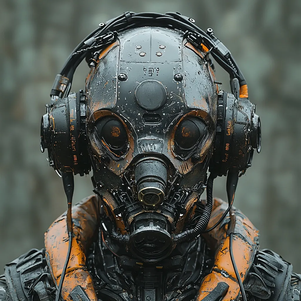 Close-up view of a futuristic combat helmet and gas mask. The helmet is predominantly dark gray and black with orange accents, showing signs of wear or weathering.  Integrated headphones are visible, suggesting communication capabilities. The overall design is sleek and technological, hinting at a dystopian or cyberpunk aesthetic.  Rain droplets are visible on the surface.