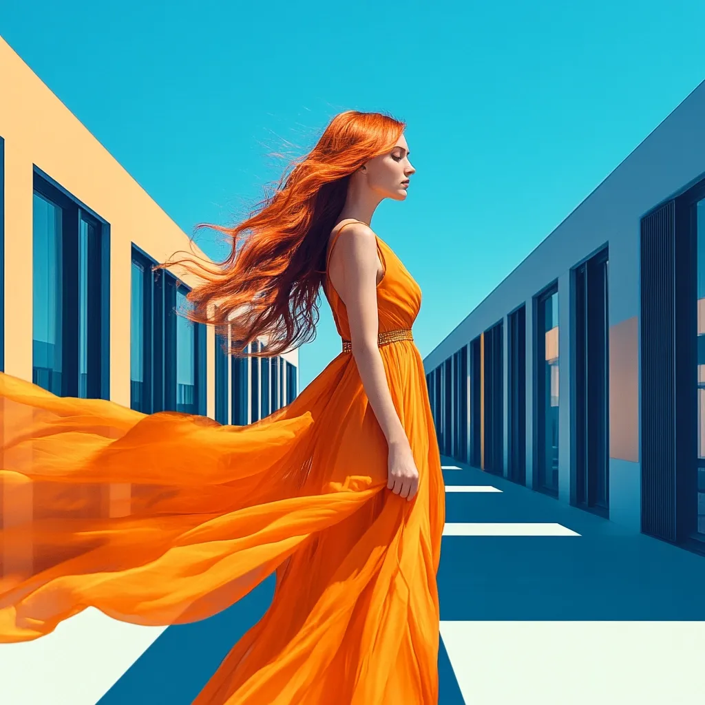 A striking redhead woman in a vibrant orange flowing gown walks down a modern architectural corridor.  The dress billows dramatically in an unseen breeze, creating a sense of movement and freedom against the stark, geometric backdrop of the building.  The bright sunlight accentuates the color and texture of both the dress and the architecture, creating a visually captivating scene.