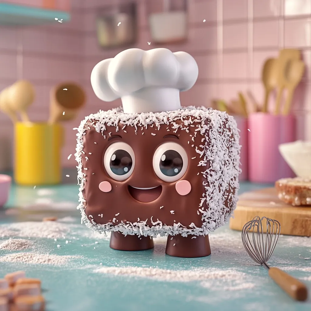 A charming, chocolate cake shaped like a cube with tiny legs stands proudly in a kitchen setting.  It's adorned with shredded coconut and wears a chef's hat, showcasing a cheerful, cartoonish face.  Flour dusts the teal countertop, adding to the whimsical bakery atmosphere.  Utensils and kitchenware are softly blurred in the background.