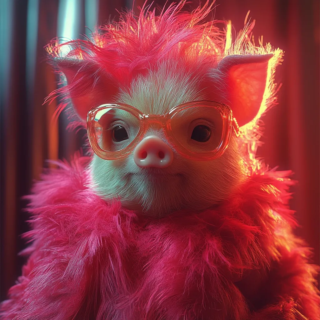 A piglet, styled in a vibrant pink fur coat and retro-style orange glasses, is the subject of this digitally rendered image.  The pig's pink fur is styled in a fluffy, somewhat unkempt manner. The warm, reddish lighting creates a dramatic and stylish atmosphere. The overall effect is one of playful sophistication.