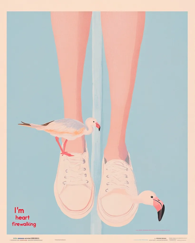 A stylized illustration features a pair of legs wearing cream-colored canvas shoes.  A small seagull perches on one shoe, while a flamingo's head peeks up near the other. The pastel color palette creates a serene atmosphere. The text "I'm heart firewalking" is subtly placed at the bottom, adding a touch of mystery. The overall style is minimalist and aesthetically pleasing.
