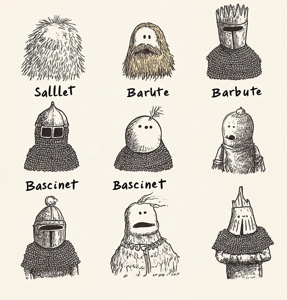 A whimsical illustration depicts various medieval helmets and head coverings, each paired with a quirky, simplistic character.  The helmets include a sallet, barute, barbute, and bascinet, shown in different styles and with chainmail. The characters feature simple facial features and varying levels of hair or fur, creating a humorous contrast with the historical armor.  The labels clearly identify each helmet type.