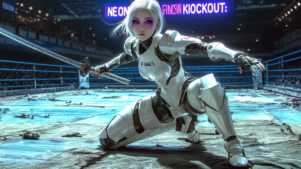 A female cyborg warrior, clad in white armored bodysuit, kneels in a futuristic boxing ring.  She wields a katana, its blade gleaming under the neon lights that illuminate the arena.  The word "FINALS" is visible on her chest armor, suggesting a climactic battle.  The ring is littered with debris, hinting at previous intense combat.  The overall aesthetic is cyberpunk, blending advanced technology with a gritty, battle-worn setting.