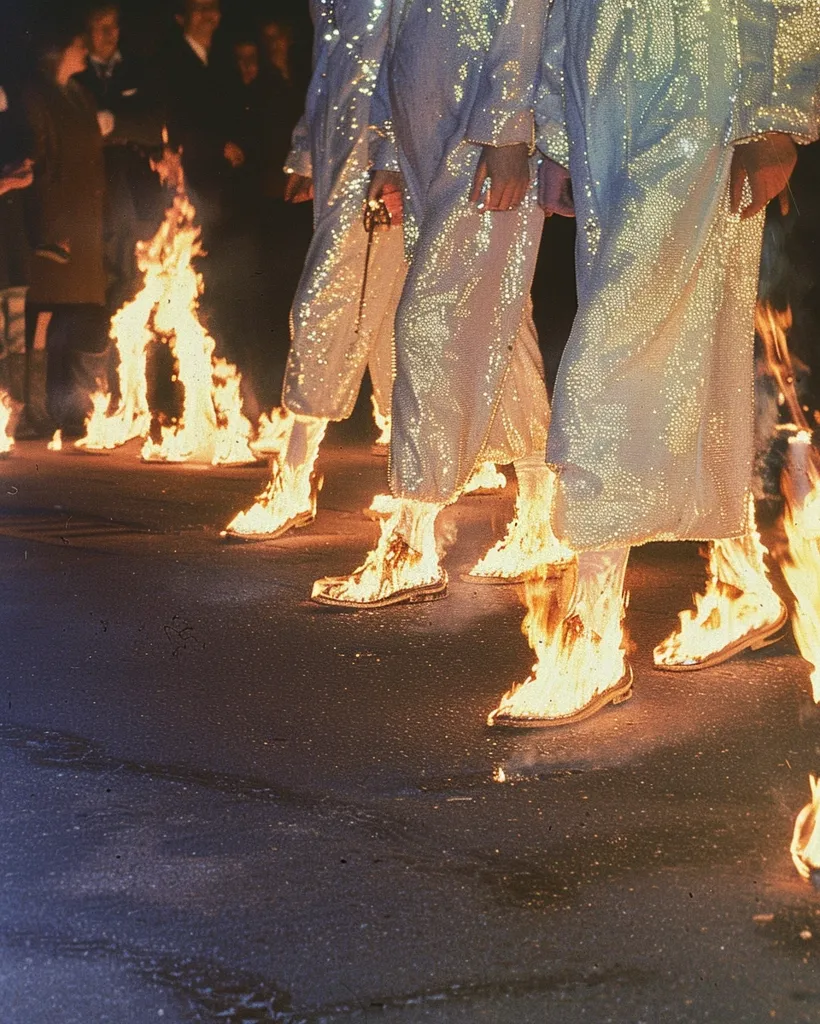 Several figures, clad in shimmering, light-colored robes, walk across a dark surface.  Their footwear is engulfed in flames, creating a dramatic and surreal scene. The background is blurred, showing a crowd of onlookers. The overall image is evocative of a performance art piece or a fiery spectacle.