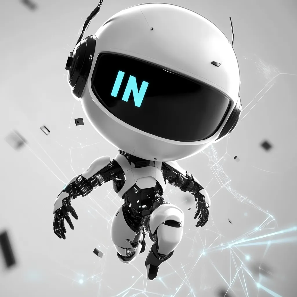 A cute, chibi-style robot with a large, white helmet featuring the letter "IN" in cyan.  The robot, predominantly white and black, is depicted mid-leap against a grey background accented with faint, light-blue network lines and floating black shapes. Its design suggests advanced technology and a playful, futuristic aesthetic.