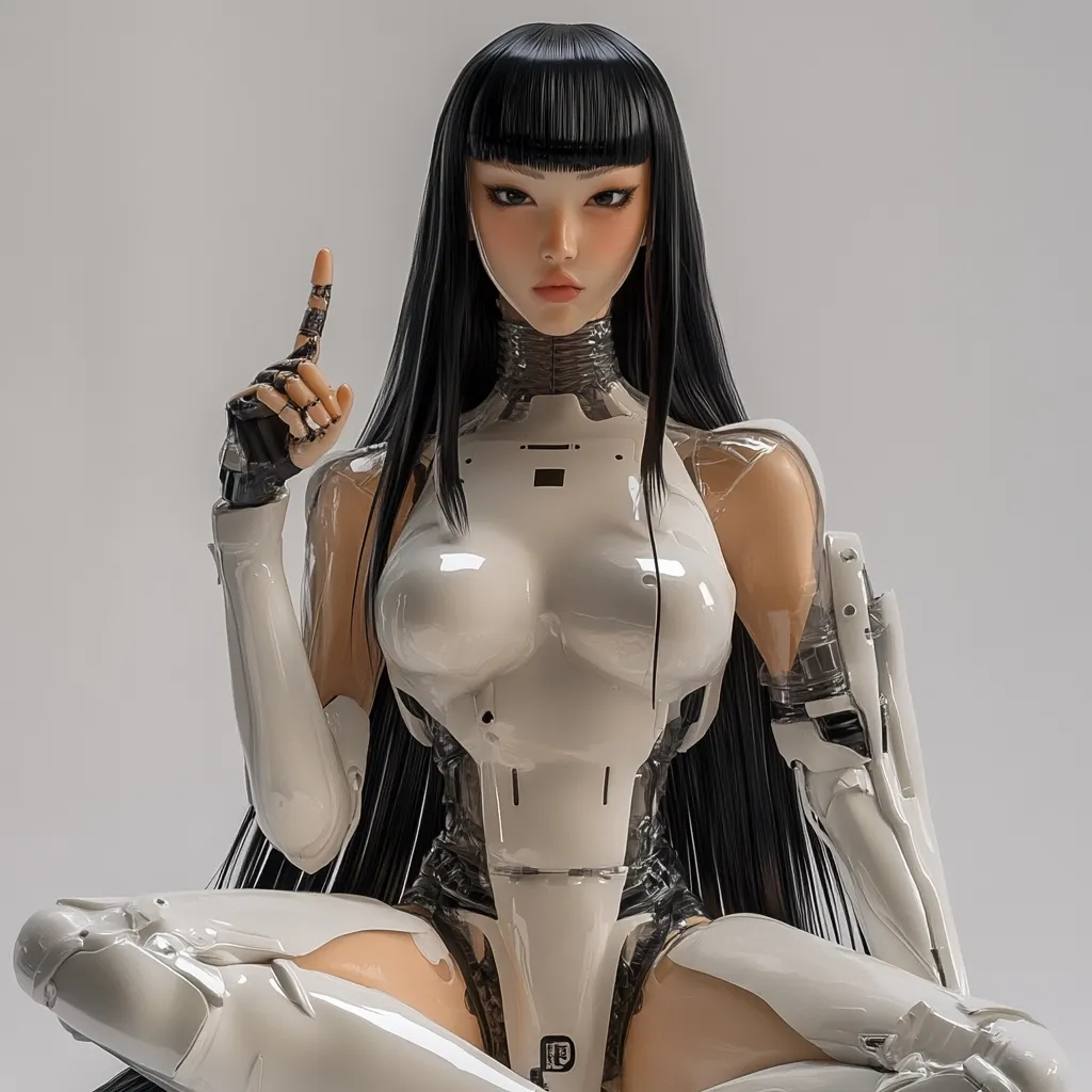 A female android with long black hair sits, her index finger raised.  She's clad in a sleek, white, form-fitting robotic suit, partially revealing her synthetic skin.  The android's expression is serious and composed, her gaze directed forward. Her mechanical arms and hands are subtly integrated into the overall design, creating a striking blend of organic and artificial elements.  The background is a simple, neutral gray.