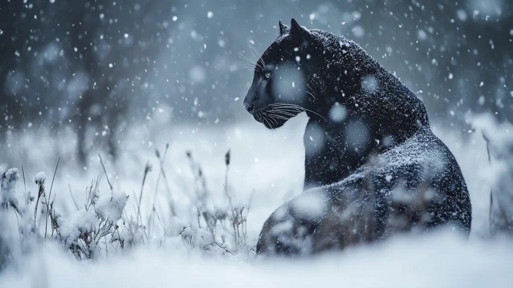 A majestic black panther sits amidst a snowy landscape, its dark fur dusted with snowflakes.  The scene is serene and wintry, with softly falling snow creating a dreamy atmosphere.  The panther's profile is sharply defined against the blurred background of snow-covered bushes and a softly falling snow.  The image evokes a sense of quiet power and the beauty of a wild animal in its natural habitat.