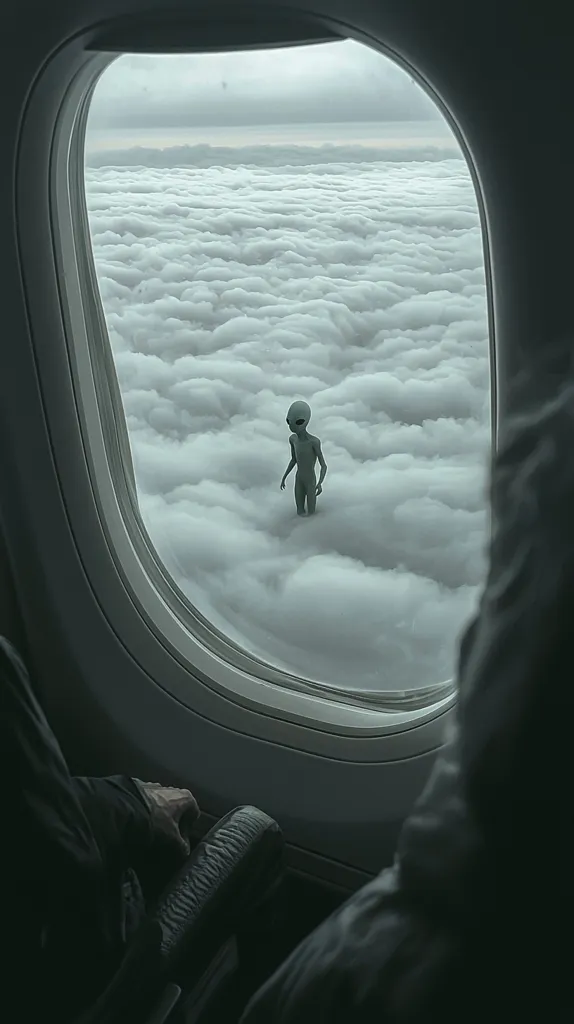 An airplane window reveals a breathtaking view of a vast expanse of clouds.  A grey alien figure stands mysteriously amidst the fluffy white cloudscape, creating a surreal and otherworldly scene. The passengers are partially visible, their dark clothing contrasting with the ethereal landscape.  The image evokes a sense of wonder and the unknown.