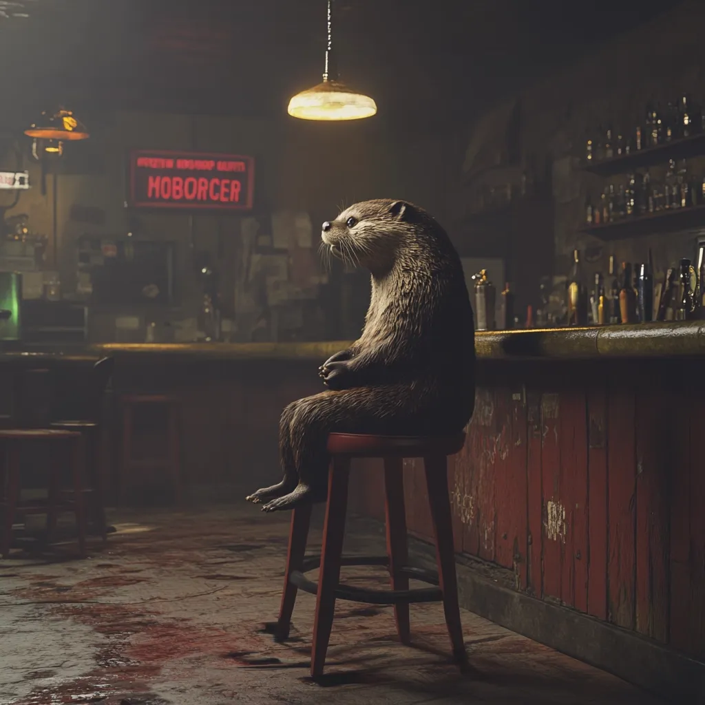 A lone otter sits perched on a bar stool in a dimly lit, old-fashioned bar.  The atmosphere is somber and slightly mysterious.  A neon sign, partially obscured, hangs above the bar.  Empty bar stools and bottles line the back wall. The otter appears contemplative, gazing towards something unseen.  The overall scene is surreal and evokes a sense of quiet loneliness.