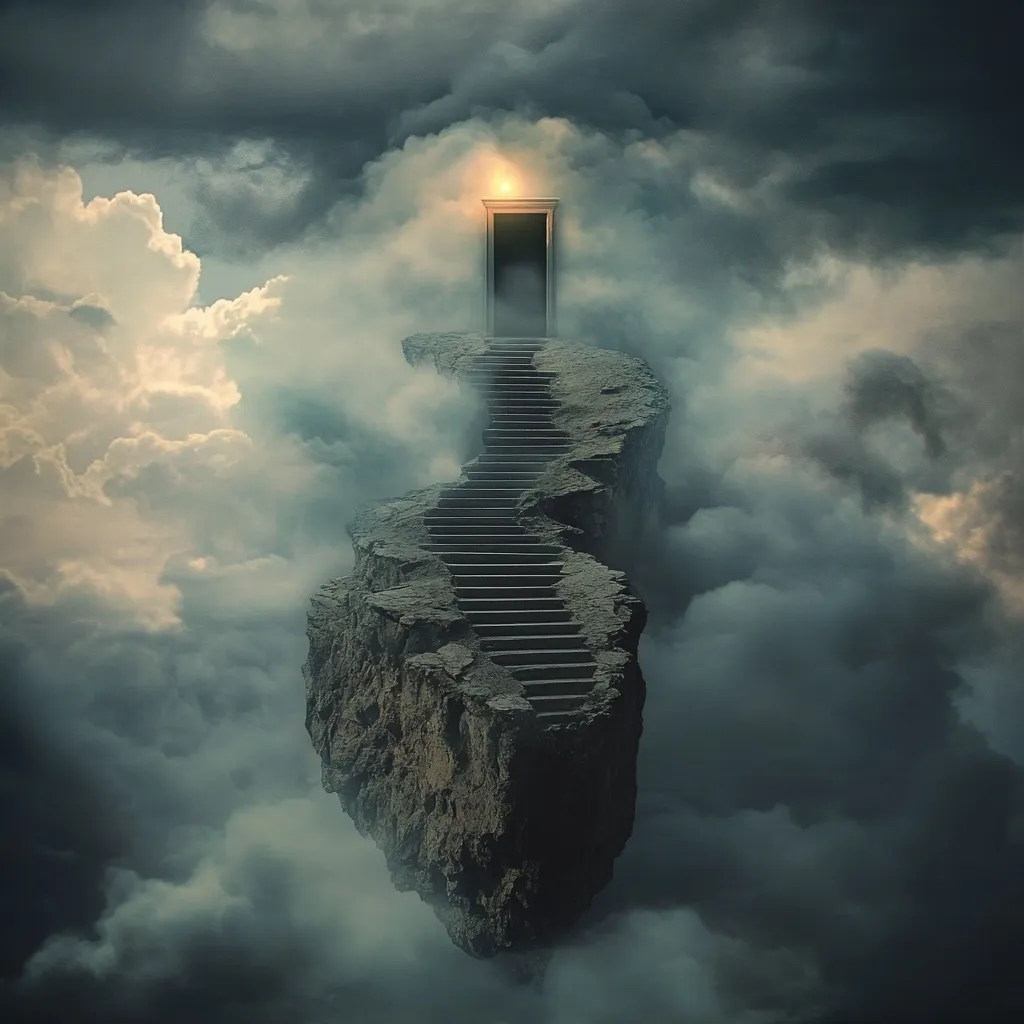 A mystical scene depicts a floating rock formation amidst clouds, a stairway winding upward to a glowing doorway.  The dark door is framed in light, suggesting a passage to another realm. The ethereal setting evokes a sense of mystery and the journey towards the unknown, possibly representing spiritual ascension or a transformative experience.
