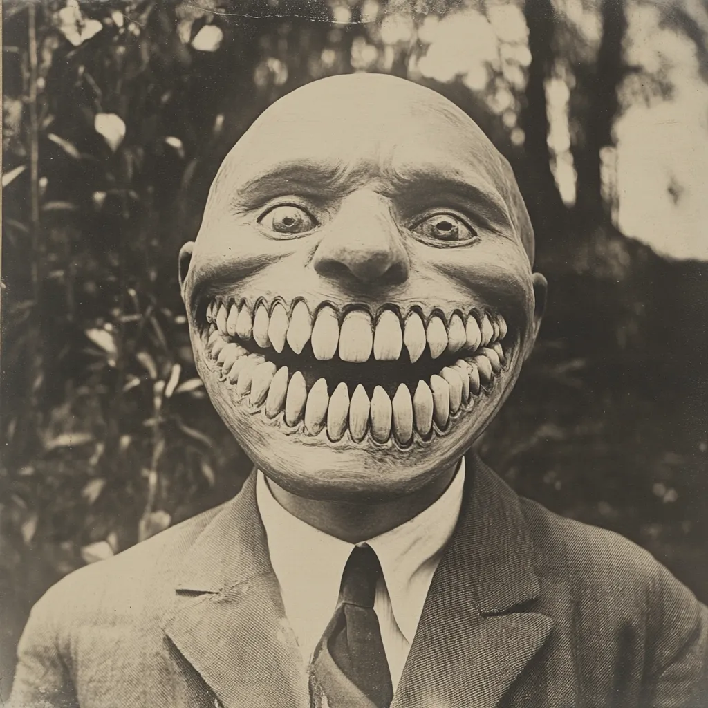 A black and white, vintage-style photograph depicts a man in a suit wearing a grotesque mask.  The mask features an exaggerated, wide smile with numerous, sharp teeth and wide, unsettling eyes.  The overall effect is unsettling and evokes a feeling of unease or horror. The background is blurred, suggesting an outdoor setting with foliage. The image has a grainy, aged texture.