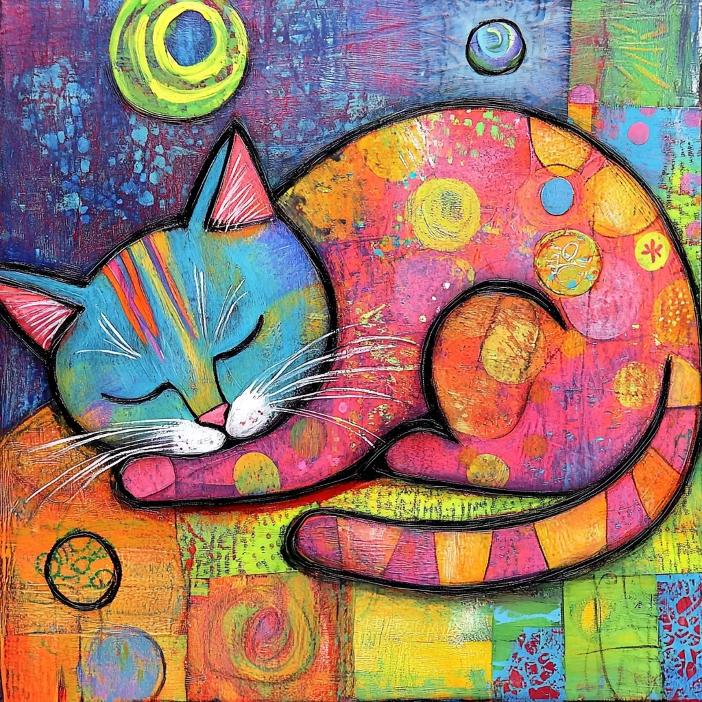 A vibrant, colorful painting depicts a cat curled up asleep.  The cat's fur is rendered in bold strokes of pink, orange, blue, and teal, accented with black outlines.  The background is a textured collage of bright colors and swirling patterns, including circles and geometric shapes. The overall style is playful and expressive, with a whimsical, folk-art feel.