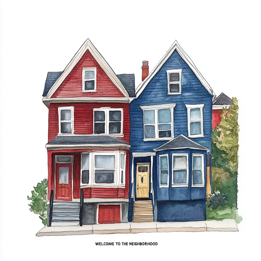 A watercolor painting depicts two charming, attached houses.  One is painted red, the other a deep blue.  Both are two-story homes with gabled roofs, bay windows, and front steps.  Small trees flank the houses, which are situated on a sidewalk.  The caption reads, "Welcome to the Neighborhood." The style is quaint and inviting.