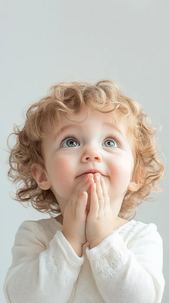 A toddler with curly blonde hair looks upward, hands clasped in prayer or contemplation.  The child is wearing a white long-sleeved shirt and has a sweet, innocent expression. The background is a muted light gray, focusing attention on the child's face and pose. The image conveys a sense of wonder and purity.