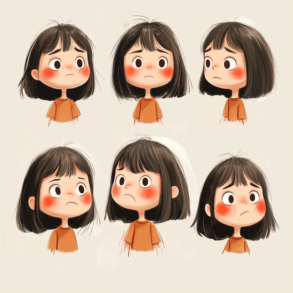 Six illustrations depict a young girl with short, dark hair and rosy cheeks, showcasing subtle variations in her facial expression.  Each illustration captures a slightly different nuance of sadness or worry, from a downturned mouth to furrowed brows, offering a range of emotional subtleties. The girl wears a simple, light orange shirt in every image.  The style is soft and illustrative.