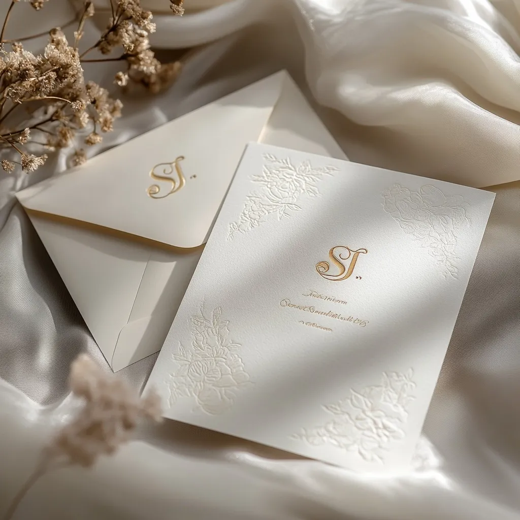 Elegant wedding invitation suite in ivory.  A cream envelope is partially visible behind a cream invitation card featuring embossed floral details and gold foil lettering of the couple's initials "SJ".  The card includes the couple's names and wedding date, subtly displayed. The scene is softly lit, highlighting the luxurious texture of the stationery.  Dried flowers add a touch of rustic charm.