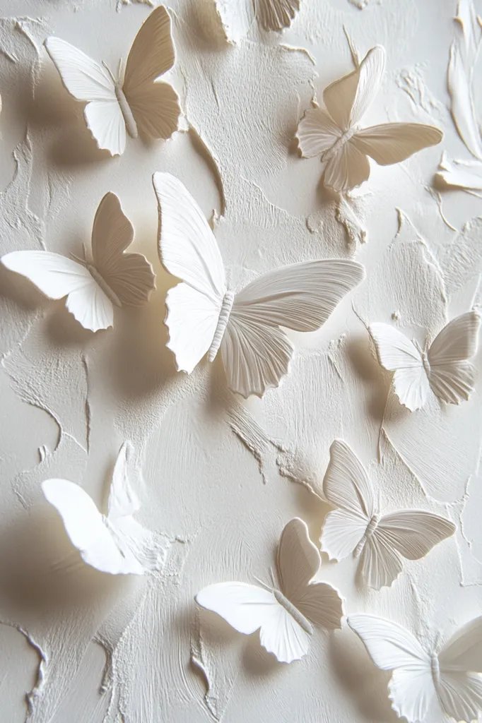 A textured off-white background is adorned with numerous delicate, three-dimensional white butterflies.  The butterflies are arranged in a seemingly random yet aesthetically pleasing pattern, creating a sense of movement and lightness. Their sculpted forms cast subtle shadows, enhancing the overall depth and visual interest of the artwork. The textured background complements the butterflies, creating a cohesive and elegant design.