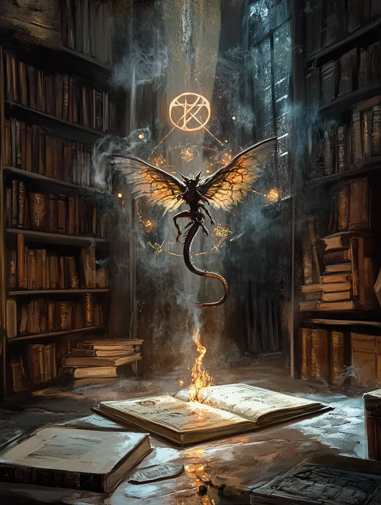 A fantastical creature with large, iridescent wings hovers above an open, burning book within a dimly lit library.  Surrounded by towering bookshelves filled with ancient tomes, the scene is imbued with a magical aura.  A glowing sigil hangs above the creature, suggesting a powerful incantation or ritual in progress. Smoke curls around the winged being, enhancing the mystical atmosphere. The overall tone is dark, mysterious, and evocative of forbidden knowledge.