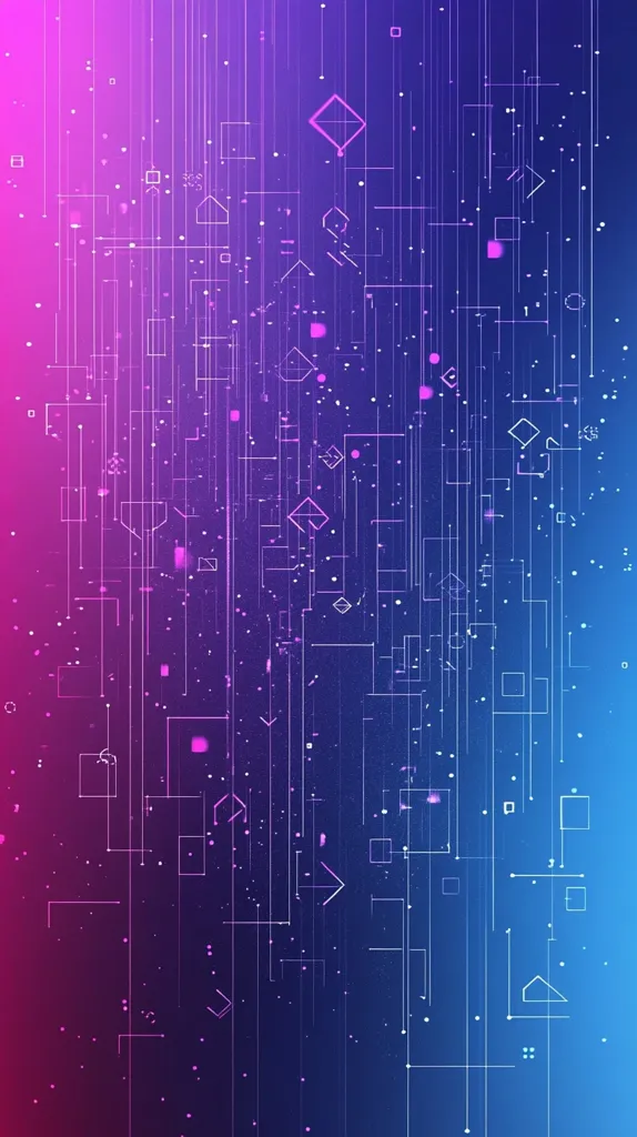 An abstract digital art piece features a gradient background transitioning from vibrant pink to deep blue.  Thin, white lines create a network of interconnected shapes, including squares, diamonds, and arrows, scattered throughout the image.  Small pink and white dots add texture and depth. The overall effect is one of complex, interconnected data streams, suggestive of technology or networking.