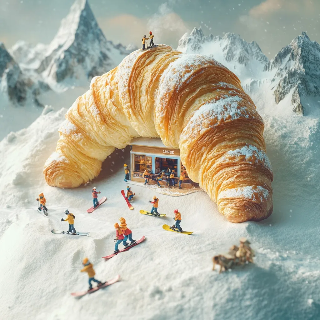 Miniature skiers and snowboarders enjoy a snowy mountainside scene, nestled within a giant croissant forming a cozy café.  The whimsical scene features a small "Café" shop inside the croissant, with tiny figures engaging in winter activities.  Powdered sugar dusts the pastry, adding to the winter wonderland aesthetic.  The backdrop includes snow-covered mountains, completing the enchanting miniature world.