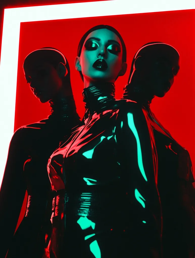 A striking image features a central figure, a woman with bold makeup and a sleek, dark, possibly latex, bodysuit.  She's framed by two blurred, shadowy figures, creating a sense of replication or mirroring.  The background is a vibrant red, illuminated by a bright, rectangular neon light, casting a cool teal glow on the central figure, contrasting sharply with the red backdrop. The overall aesthetic is dark, futuristic, and slightly surreal.