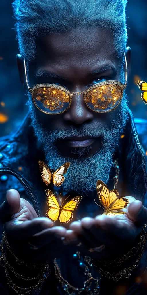 A dark-skinned man with vibrant blue hair and a beard, adorned in gold-detailed glasses and chains, holds out his hands.  Golden butterflies flutter around him, creating a mystical and ethereal atmosphere.  The image is dramatically lit, emphasizing the contrast between the man's dark features and the bright butterflies.  The overall effect is one of fantasy and magic.